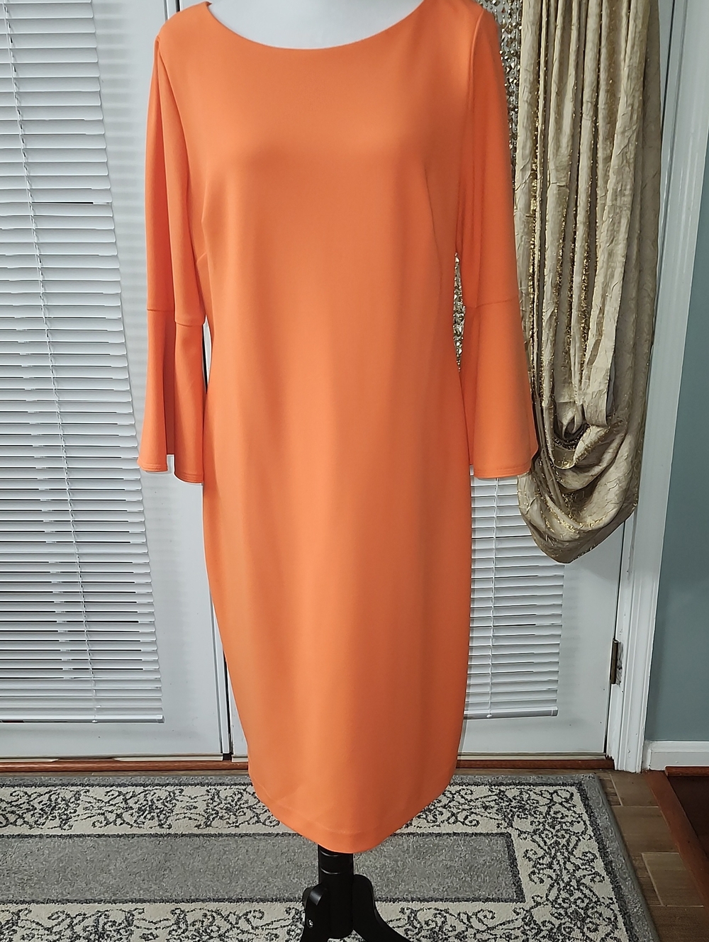 Calvin Klein Orange Midi Dress with Bell Sleeves